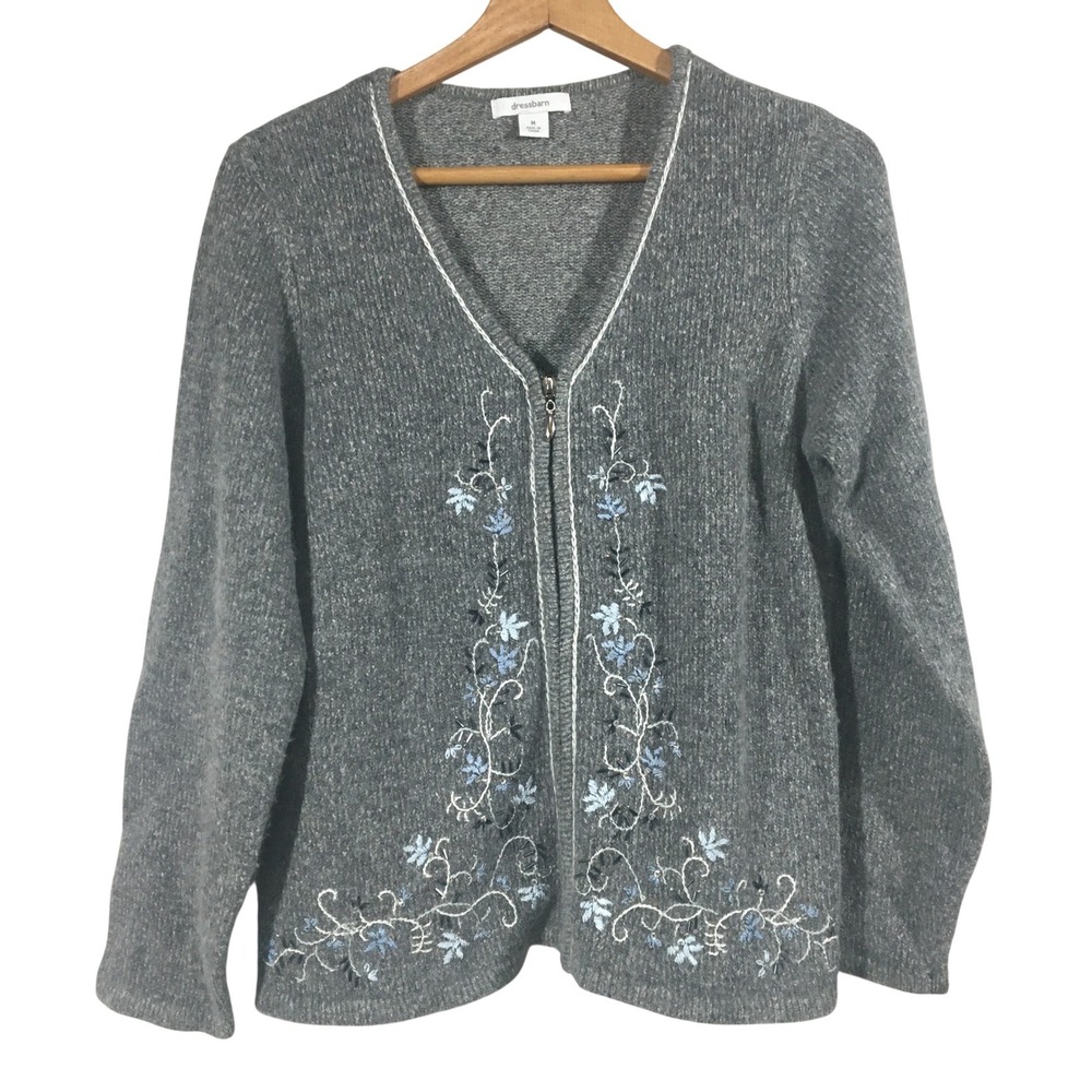 Dressbarn Gray Beaded Embroidered Zip‎ Up Cardigan Sweater Size M Angora Silk